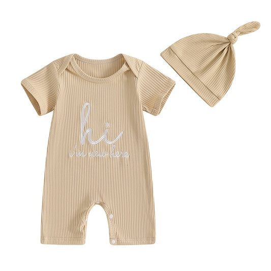 Macacões Carta Impressão Gola Redonda Manga Curta Bebê Menino Roupas de Verão Bodysuits Macacões com Chapéu
