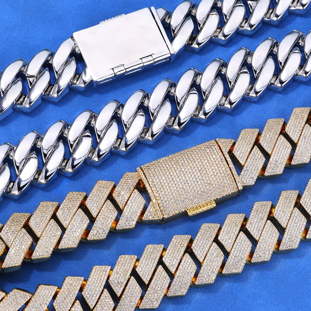 Colar Masculino/Feminino Folheado a Ouro Branco/18k com Corrente Cubana Grossa de 15mm com Duas Fileiras de Zircônias Cravejadas, Joia de Hip Hop com Zircônias Cravejadas, Presente