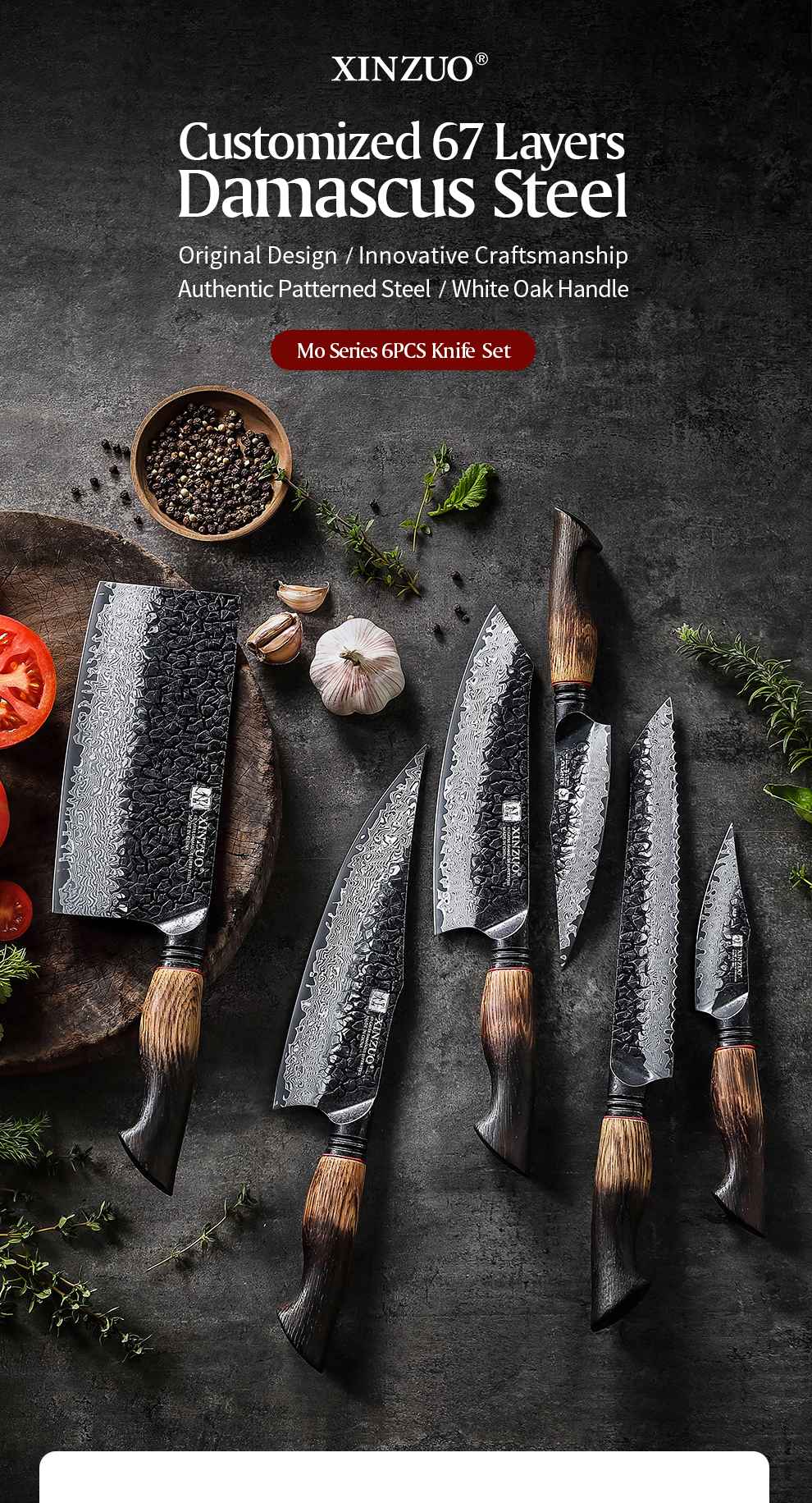 XINZUO 1-6-Piece Damascus Knife Set 67-Layer Steel White Oak Red G10 Handles Paring Utility Cleaver Santoku Bread Knife