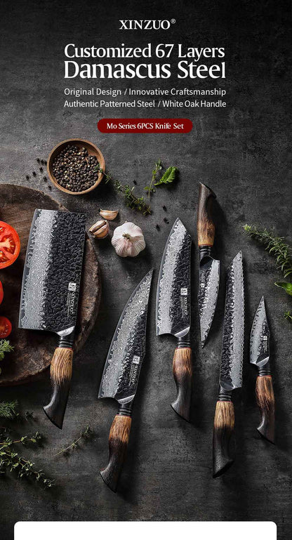 XINZUO 1-6-Piece Damascus Knife Set 67-Layer Steel White Oak Red G10 Handles Paring Utility Cleaver Santoku Bread Knife