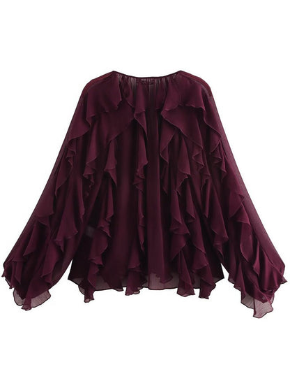 2025 Summer Chic Women's Elegant Loose Long Sleeve Layered Shirts Office Lady Vintage V-neck Translucent Tierred Ruffles Blouses