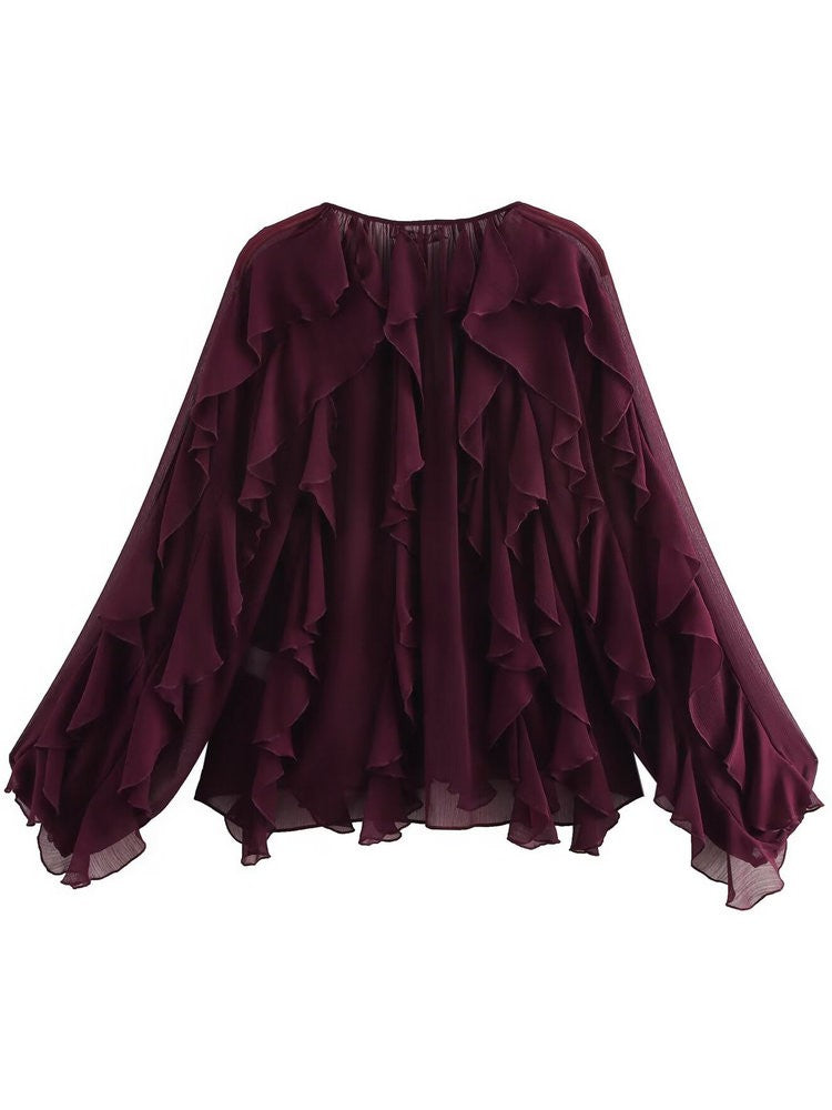 2025 Summer Chic Women's Elegant Loose Long Sleeve Layered Shirts Office Lady Vintage V-neck Translucent Tierred Ruffles Blouses