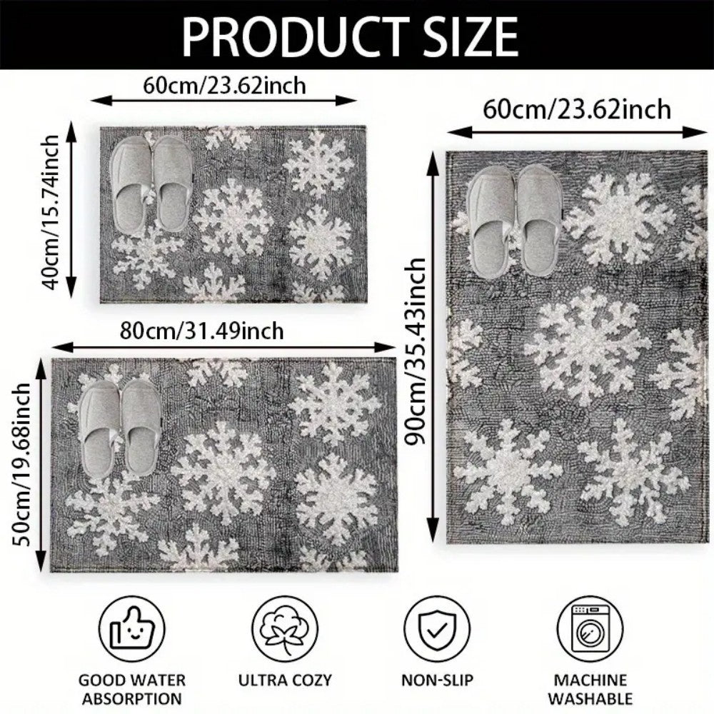 VIKAMA 1PC Winter Christmas Floor Mat 2D Print White Snowflake Pattern Bathroom Kitchen Entrance Home Bedroom Holiday Decor Rug