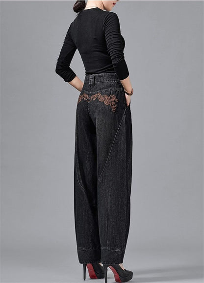 Autumn Winter High Waisted Women Jeans Casual Loose Embroidery Bloomers Trousers Female Fashion Wide Leg Denim Pants Blue