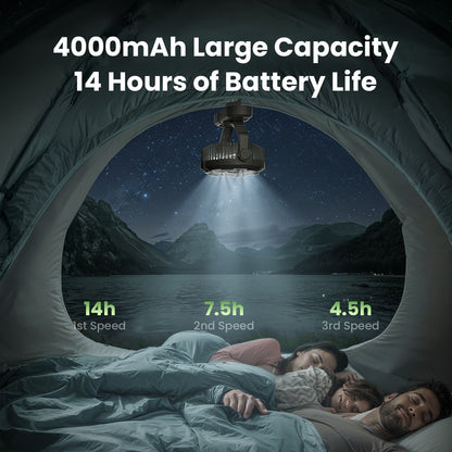 Portable Camping Fan with LED Lantern, 4000mAh 7-Inch Rechargeable Outdoor Tent Fan, 360° Head Rotation, 3 Speed and Quiet Batte