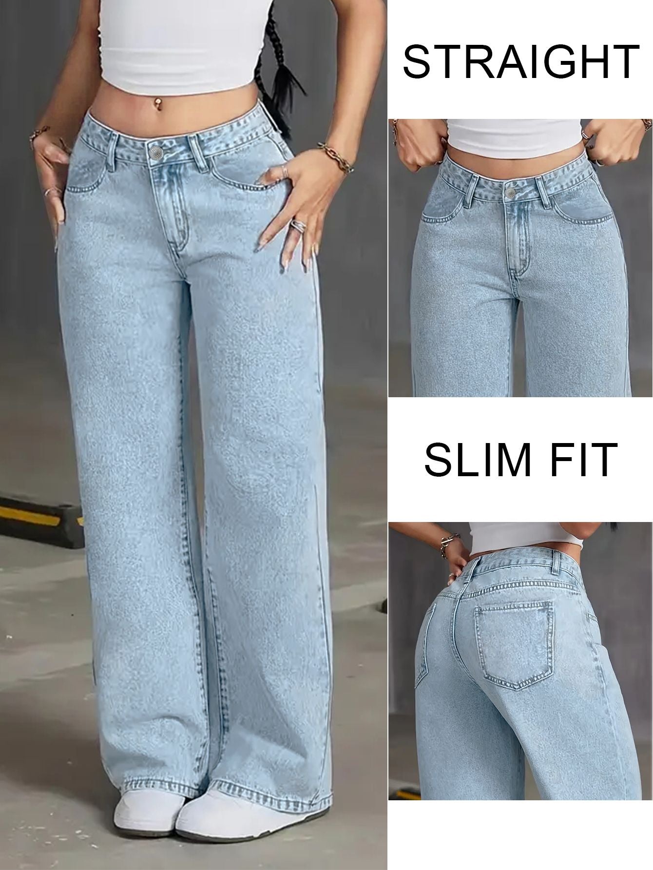 Autumn Y2K style women's washed blue jeans high waist straight loose jeans suitable for casual outings and dates.