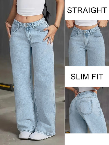 Autumn Y2K style women's washed blue jeans high waist straight loose jeans suitable for casual outings and dates.