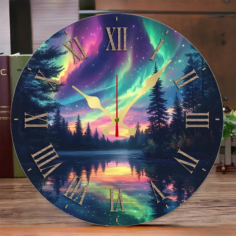 Natural Scenery Wooden Round Silent Hanging Wall Clock,Suitable For Living Room,Office,Study Room,Bedroom,Home Decoration