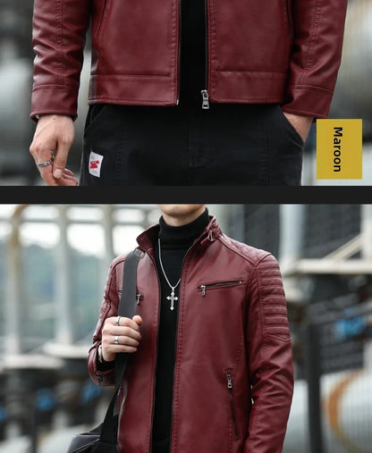 Men's Fleece Lined Biker Jacket Stand Collar Casual Versatile Spring Autumn Leather Coat for Students Fashionable Outerwear