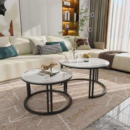 Nested Coffee Table: Set of 2 Modern Round Nesting Coffee Table Sintered Stone-top Stacking Sofa Accent Table for Living Room