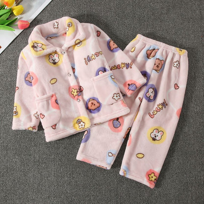 High Quality Coral Fleece Flannel Cute Cartoon Pattern Pajama Sets Boys and Girls Long Sleeve Warm Comfortable Winter Sleepwear