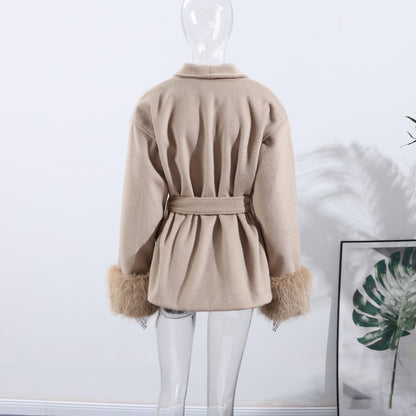 Solid Lace Up Faux Fur Sleeve Jacket Woman Elegant Mid-length V-neck Woolen Blend Coat Autumn Casual Fashion Scarf Outwear 2025