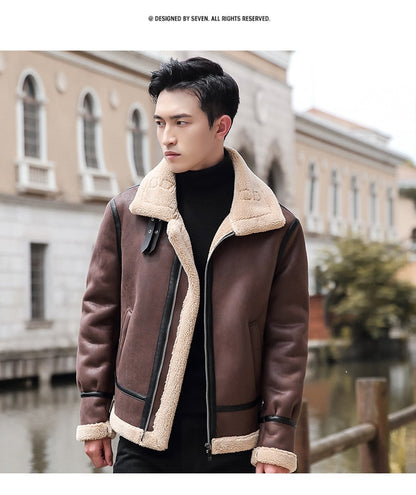 Lamb Cashmere PU Leather Jacket Mens Plus Velvet Men Winter Warm Motorcycle Thickened Leather Coat Man Fleece PU Leather Coats