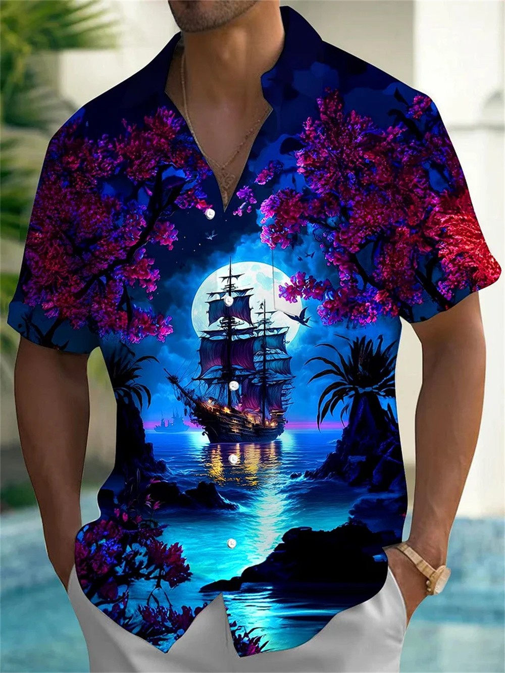 Silk print high-quality retro novel trendy men's casual social solid color Hawaiian shirt new style