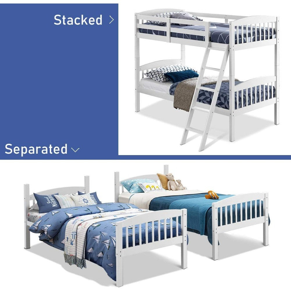 Twin Over Twin Bunk Beds, Convertible Into Two Individual Solid Rubber Wood Beds, Space Saving Design,