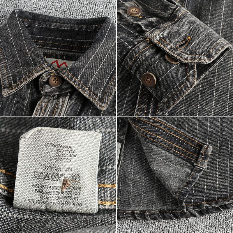 Heavy British retro black gray striped denim shirt for men new autumn end single cargo pocket shirt coat