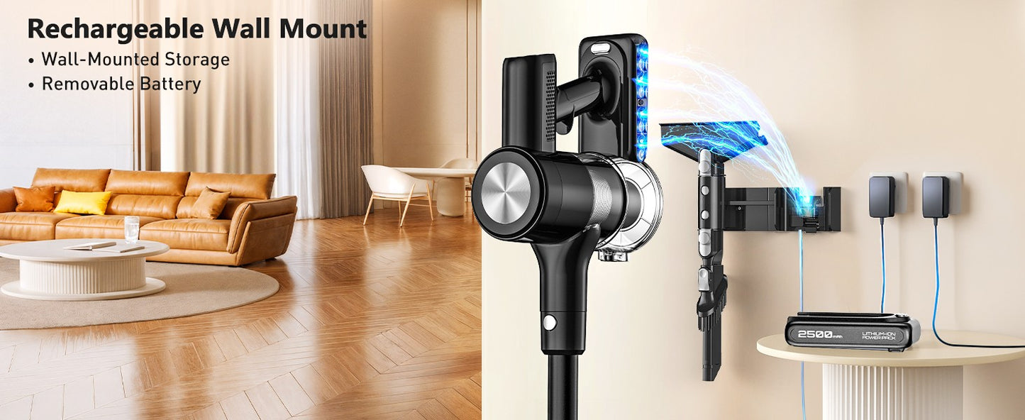 Aspirador de Pó Sem Fio, 50Kpa/55Mins Aspiradores de Pó para Casa, Aspirador Vertical Antiemaranhamento com Autossuporte, Carregamento com Suporte de Parede