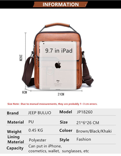 JEEP BULUO Luxury Brand Men Crossbody Messenger Bags Business Casual Handbag Male PU Shoulder Bag Large Capacity