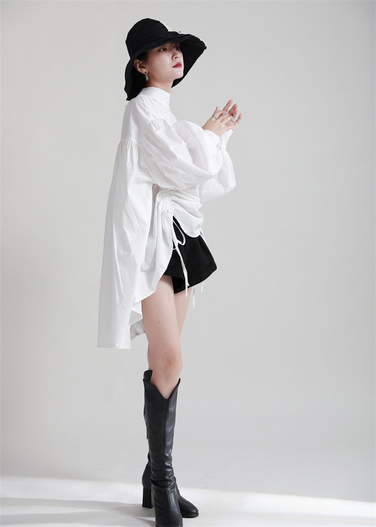 2025 Women Irregular Drawstring Big Size White Blouse New Stand Collar Long Sleeve Shirt Fashion Tide Spring Autumn