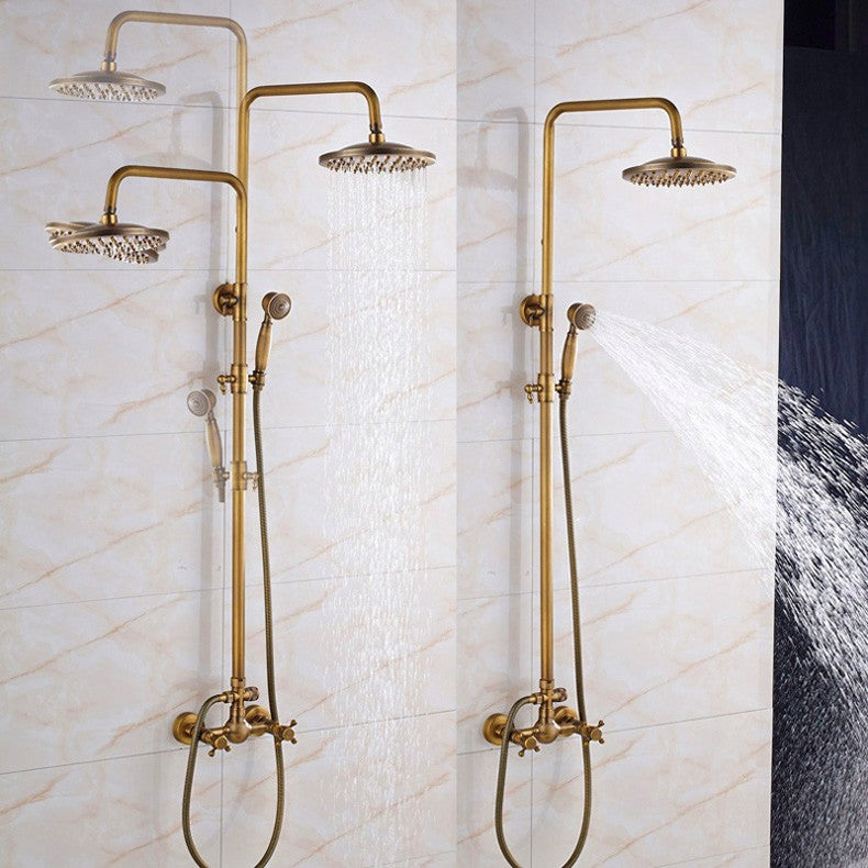rozin Antique Brass Shower Faucet Set Bathroom Shower Column with Shelf Rainfall Hot Cold Water Mixer Tap Handhold Shower Faucet