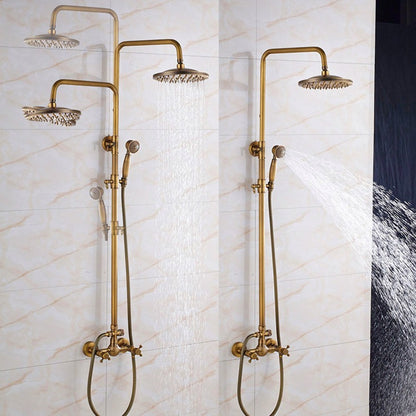 rozin Antique Brass Shower Faucet Set Bathroom Shower Column with Shelf Rainfall Hot Cold Water Mixer Tap Handhold Shower Faucet