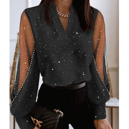 Spring And Autumn Women's Fashionable Round Neck Lace Patchwork Shirt Elegant Long Sleeved Hollow V-neck Loose Fitting Blouse