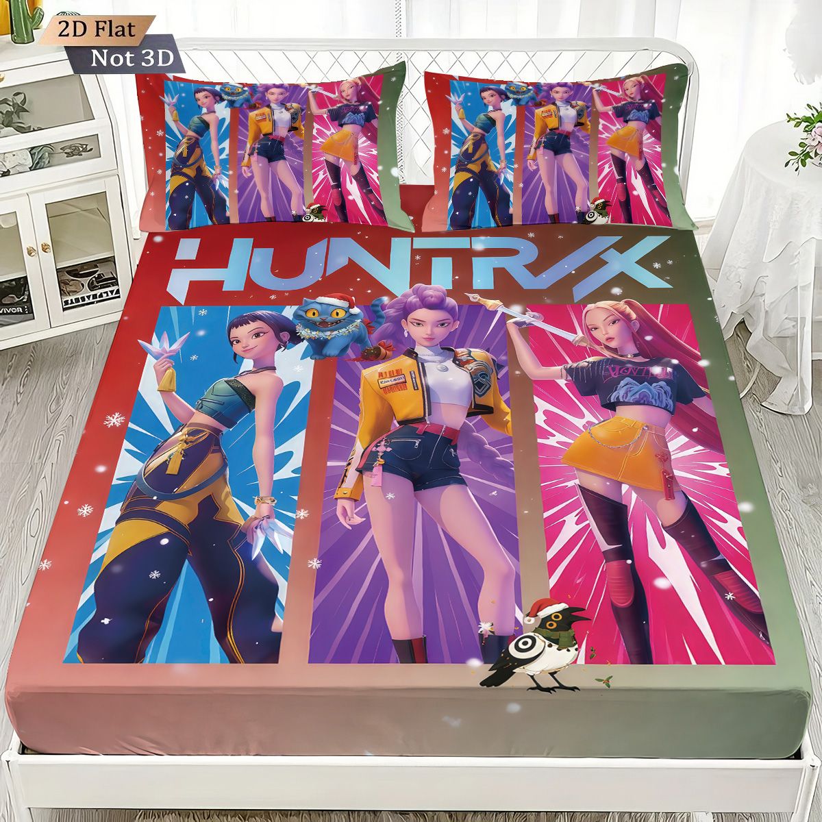 Conjunto de Lençóis Sem Lascas Estampados K-Pop Demon Hunters com 3 Peças e Vários Tamanhos de Capa de Cama Decoração de Cama Lavável à Máquina