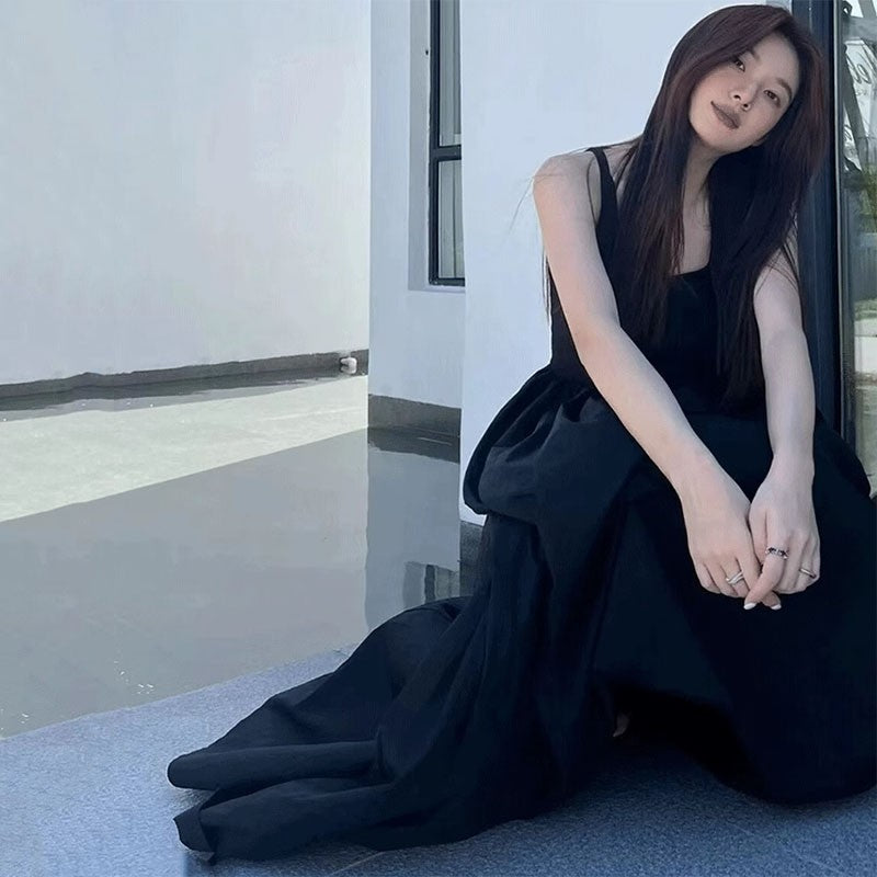 Black Strapless Long Dress Women Fashion Slim Sleeveless O-Neck High Waist Dress