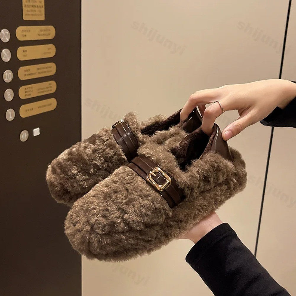 Women Warm Fur Flats Shoes 2025 Autumn Winter Vintage Fashion Shallow Mouth Buckle Ladies Comfort Loafers Shoes Zapatos Mujer
