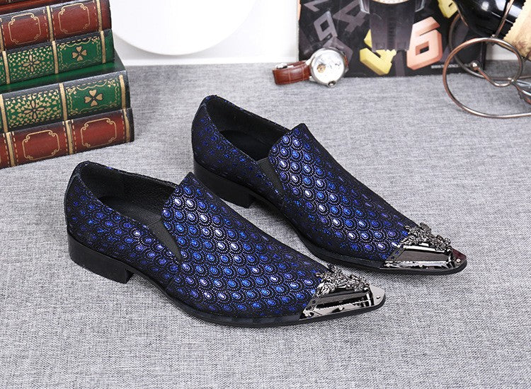 2024 Western Fashion Pointed Metal Toe Dress Shoes Blue Grey Party Wedding Leather Shoes for Men