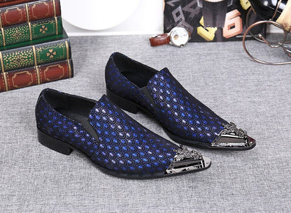 2024 Western Fashion Pointed Metal Toe Dress Shoes Blue Grey Party Wedding Leather Shoes for Men