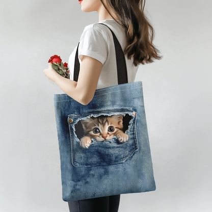 Storage Bag Cat Peeking Through Jeans Pocket Pattern Handbag Cute Animal Tote Bags Suitable for Shopping Traveling Shoulder Bag