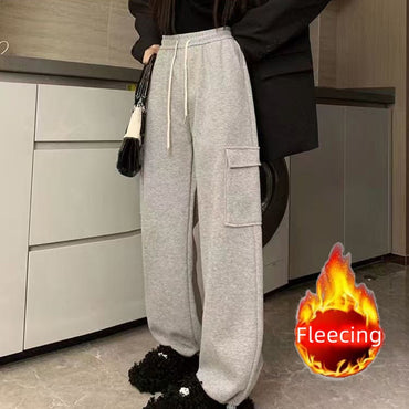 Winter Thick Fleece Women's Pants Casual Matching Cargo Pants Chic Sportswear Drawstring Straight Pants Lady's Trousers Pocket