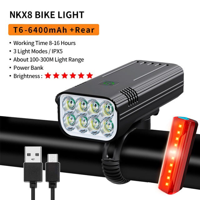 10000mAh 6-8 LED Bike Light USB Rechargeable 3600 Lumens Bike Headlight Super Bright Flashlight Front Lights and Back Rear light