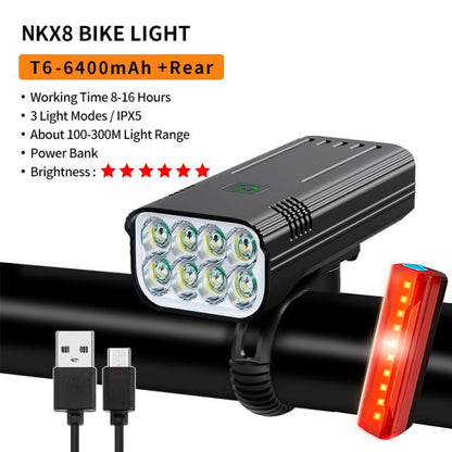10000mAh 6-8 LED Bike Light USB Rechargeable 3600 Lumens Bike Headlight Super Bright Flashlight Front Lights and Back Rear light