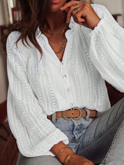 2025 Spring and Autumn Long Sleeve Women's Shirt Loose Fashion All-Match Hollow Lace V-neck Single Breaked Blouses