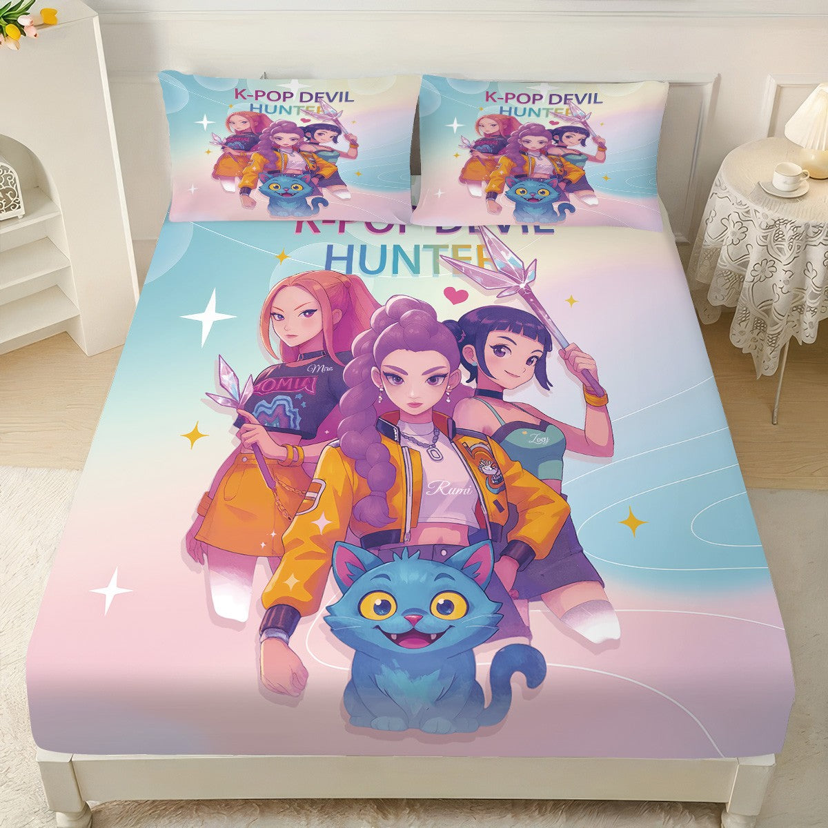 Conjunto de Lençóis Sem Costura K-Pop Demon Hunters Estampado 3 Peças Vários Tamanhos Macio Capa de Cama Roupa de Cama Lavável na Máquina