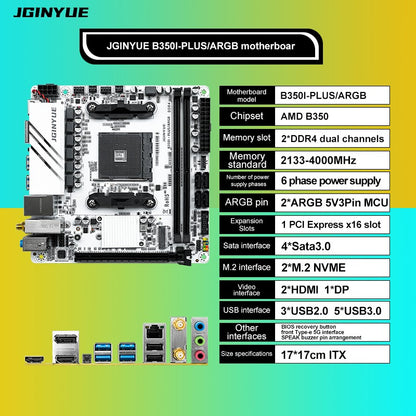 Placa-mãe JGINYUE AMD AM4 ITX suporta CPU Ryzen R3 R5 R7 R9 de 1/2/3/4/5 séries RAM DDR4 PC Desktop PCI-E 3.0 B350i PLUS ARGB