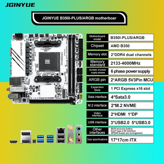 Placa-mãe JGINYUE AMD AM4 ITX suporta CPU Ryzen R3 R5 R7 R9 de 1/2/3/4/5 séries RAM DDR4 PC Desktop PCI-E 3.0 B350i PLUS ARGB