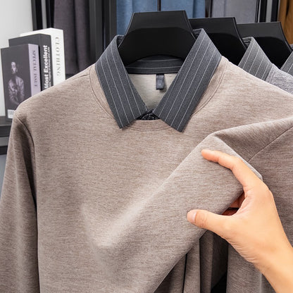 Fake Two-piece Striped Shirt Collar Knitted Sweater Men's Warm and Versatile Casual Woolen Shirt Waffle Top Winter Trend