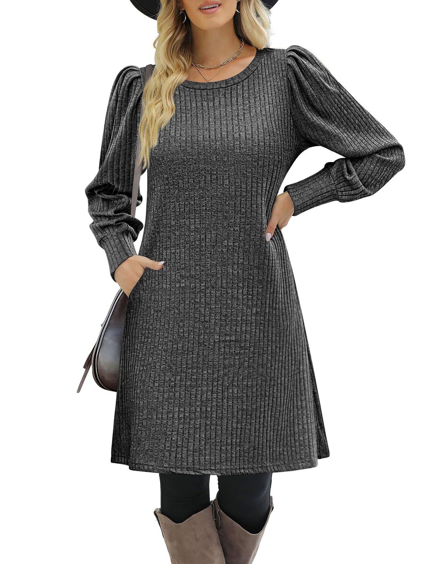 Y2K autumn and winter women's crew neck solid color sweater bubble sleeve fashion commuter dress comfortable casual loose dress