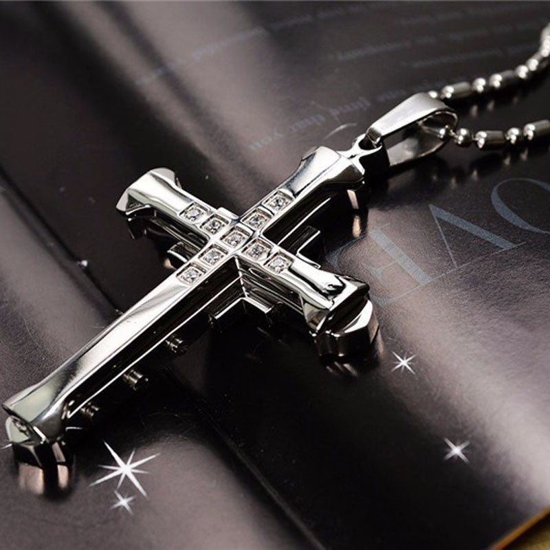 SUMENG 2025 Novo Colar Masculino de Aço Inoxidável com Pingente de Cruz de Cristal Jesus nas Cores Dourado/Preto/Azul e Zircônia