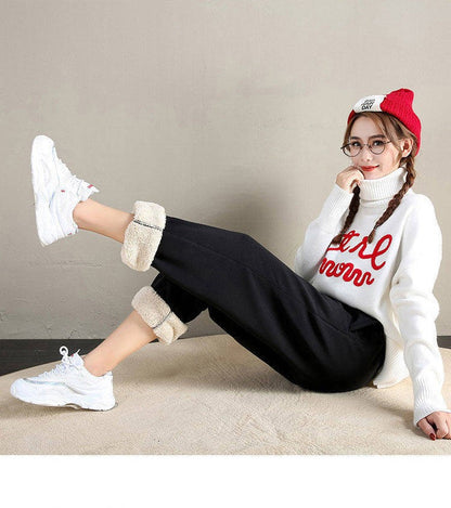 ??Women's Fleece Lined Joggers Winter Plush Pants High Waist Adjustable Drawstring Lounge Street Comfortable Casual Trousers??