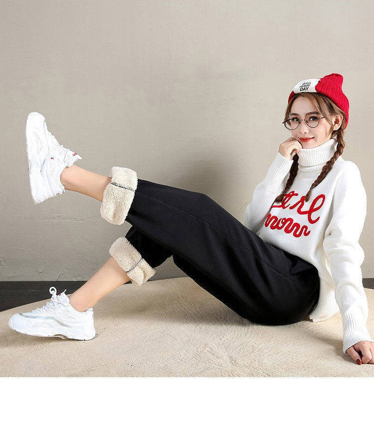 ??Women's Fleece Lined Joggers Winter Plush Pants High Waist Adjustable Drawstring Lounge Street Comfortable Casual Trousers??