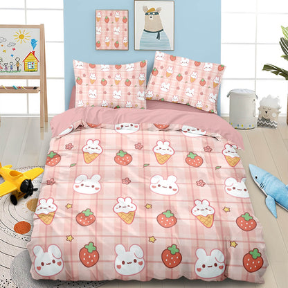 3PCS Cartoon Grid Rabbit Theme Series Bedding Set Full Size Kids,Rabbit Comforter Cover for Boys Girls Bedroom Decor