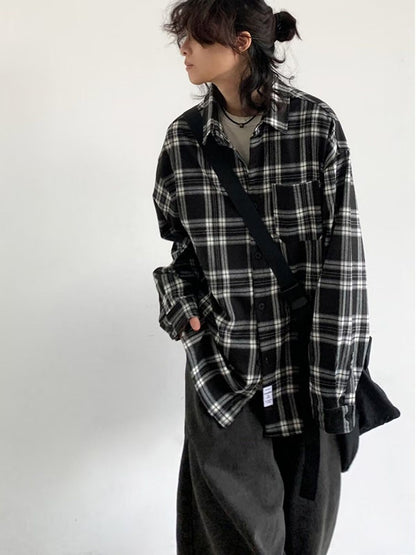 Japanese Cargo Shirt Men Women Vintage Black White Checkered Loose Long-sleeved Tops Spring Casual Lapel Unisex Oversize Shirts