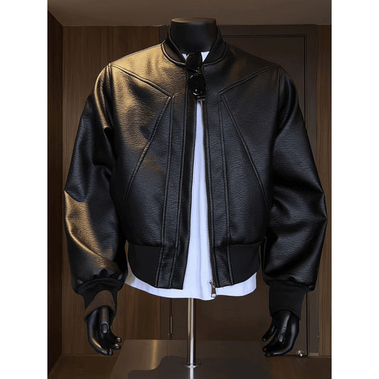 American Trend Retro Crack Leather Versatile Casual Jackets Stand Collar Leather Bomber 2025 Men's Fashion Commuter Leather Coat