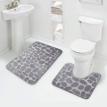 Memory Foam Bath Mat Set 3 Piece with Toilet Lid Cover and Rug Set Combo Toilet Floor Rug Light Grey Geometry