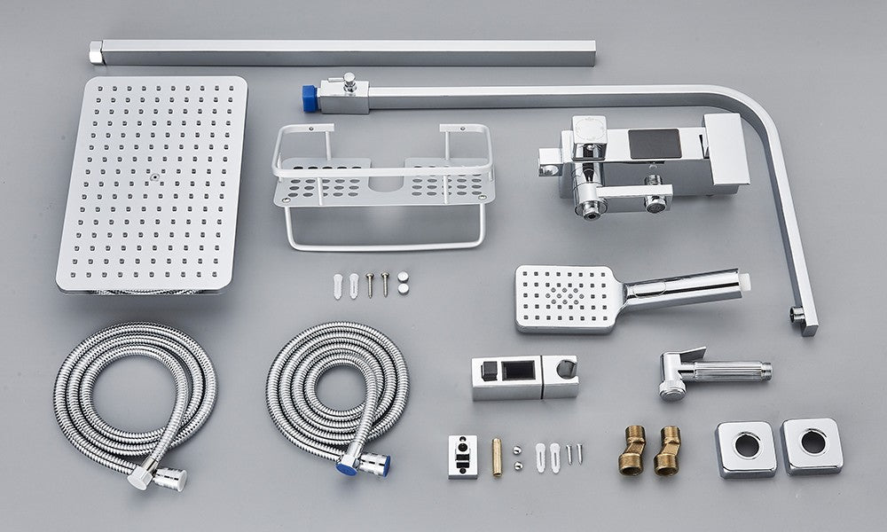 Black Digital Display Thermostatic Shower Faucet Bathroom Thermostatic 4 ways Rainfall Shower Mixer Tap,Shelf and Bidet Faucets