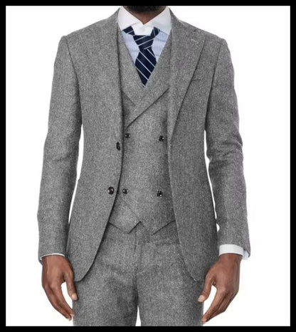 3 Pieces Green Wool Tweed Herringbone Business Retro Classic PatternTuxedos For Wedding Blazer Pants Vest